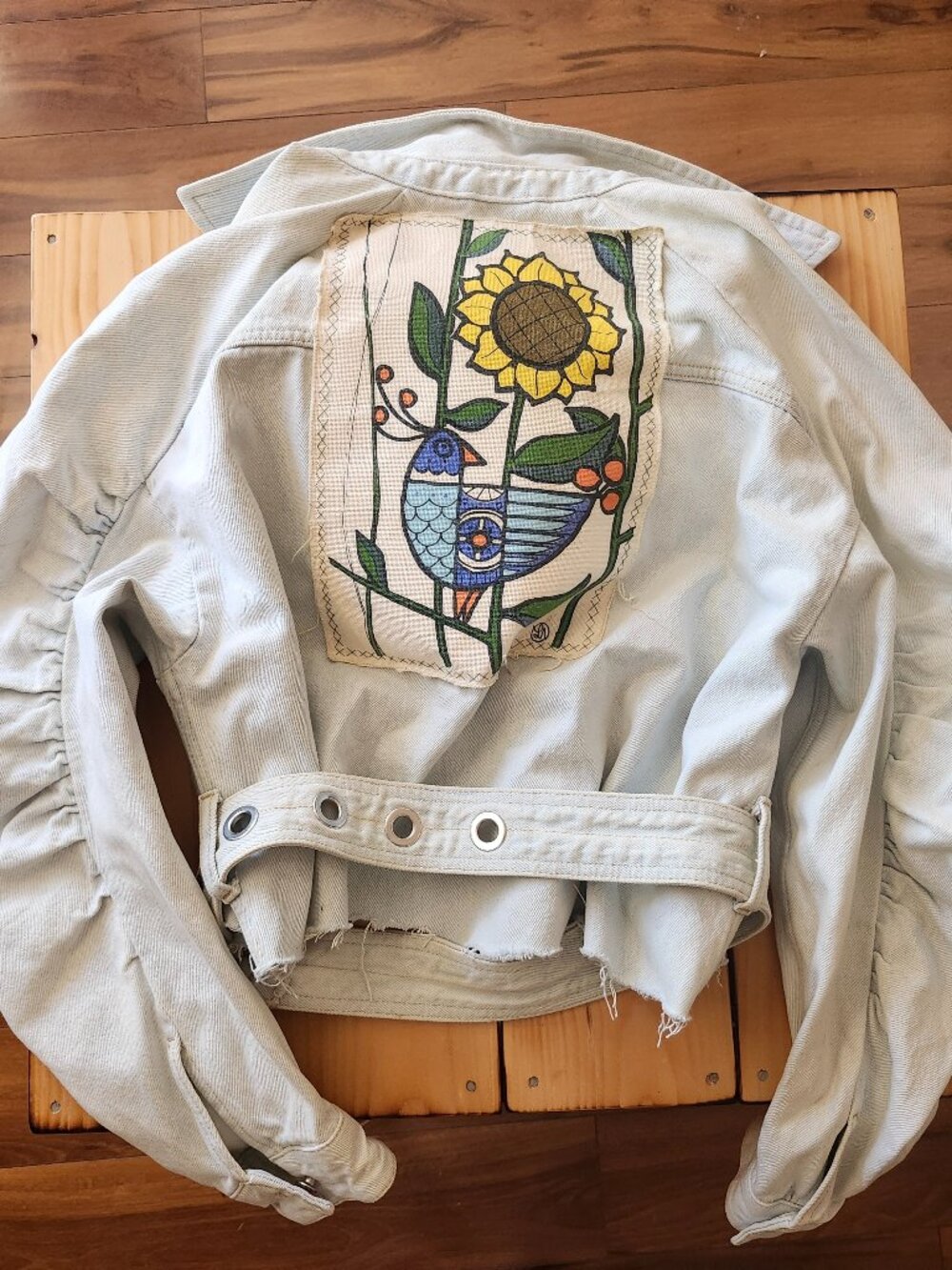 One of a kind Diesel cropped jean jacket with bird pins and patch